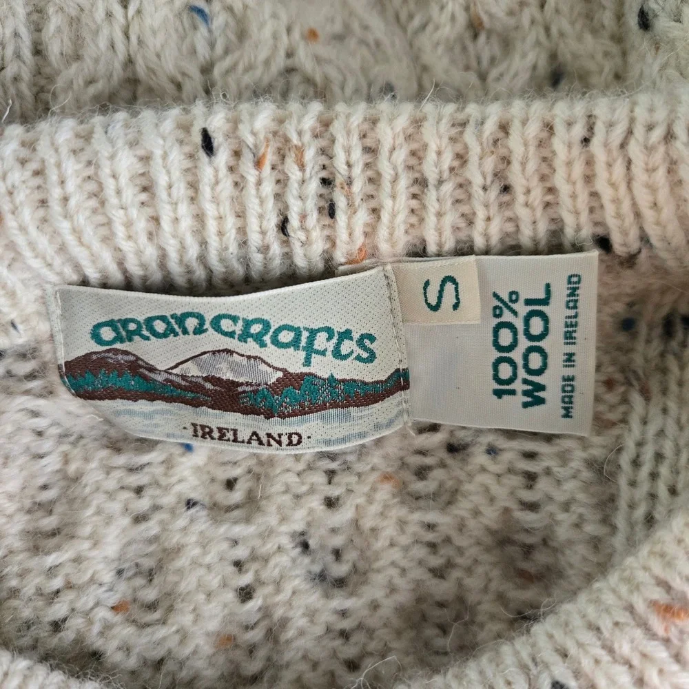 Vtg 100% Wool Womens S Aran Sweater Cottagecore Cozy Cream Flecks Winter